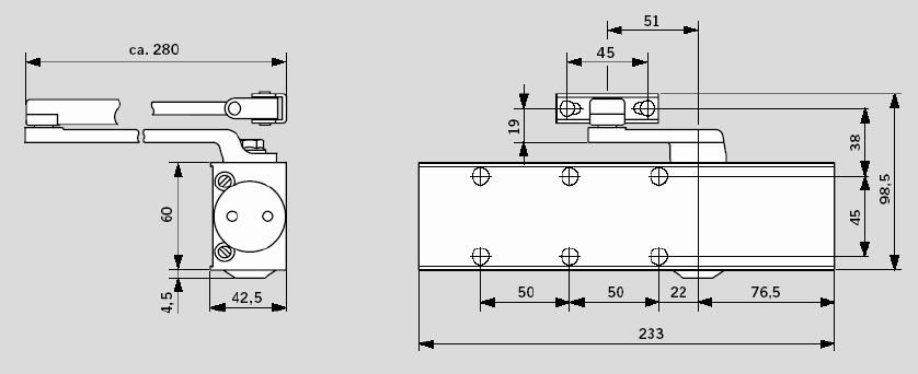 Габаритные размеры. Доводчик дверной DORMA TS-73V